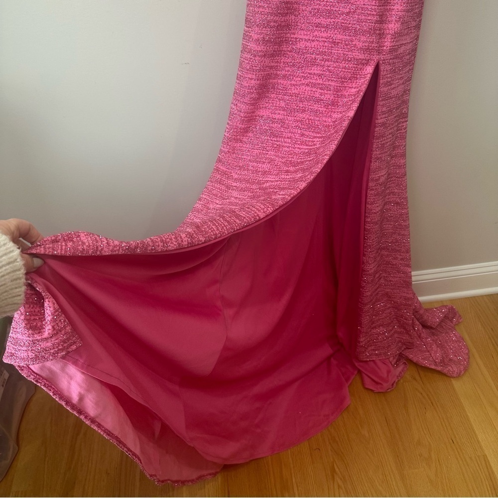 Jovani Royal V Neck Fitted Gown Dresss Hot Pink Metallic Shimmer Prom Wedding - Picture 15 of 16